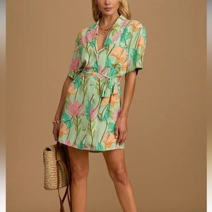Totally Tropical Light Green Floral Print Button-Up Shirt Dress